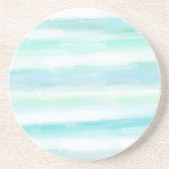 Aqua Mint Blue White Watercolor Stripes Coaster (Front)