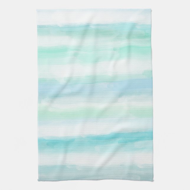 Aqua Mint Blue White Watercolor Stripes Kitchen Towel (Vertical)