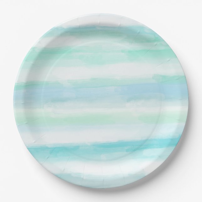 Aqua Mint Blue White Watercolor Stripes Paper Plate (Front)