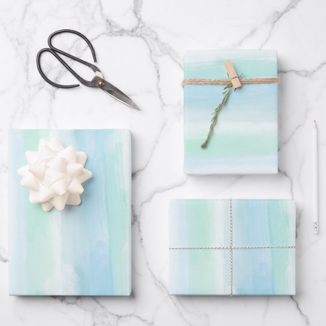 Aqua Mint Blue White Watercolor Stripes  Wrapping Paper Sheet (Front)