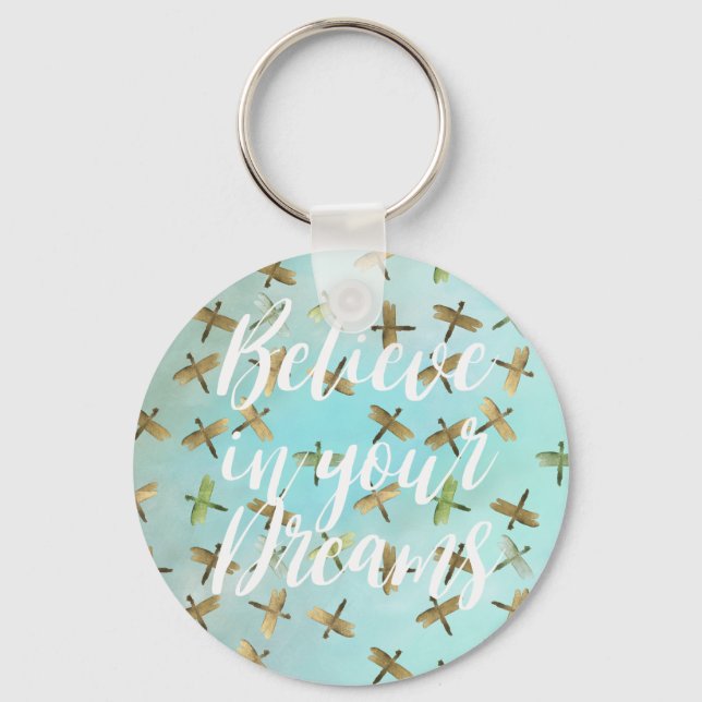 Aqua Mint Gold Dragonflies Believe in Dreams Keychain (Front)