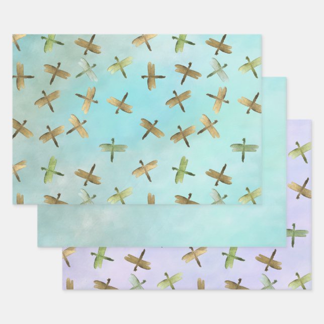 Aqua Mint Gold Dragonflies Watercolor Wrapping Paper Sheet (Set)