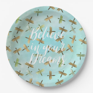 Aqua Mint Gold Dragonfly Believe in Dreams Paper Plate