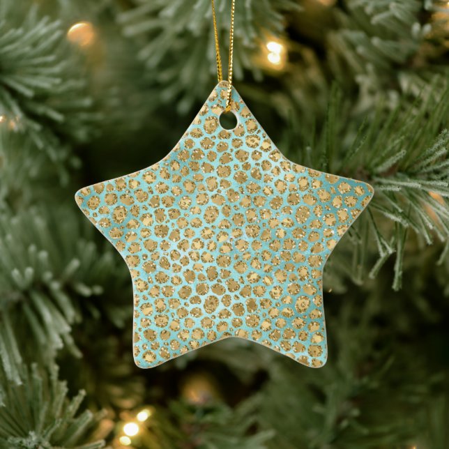 Aqua Mint Gold Glitz Glitter Leopard        Ceramic Ornament (Tree)
