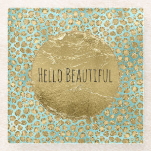 Aqua Mint Gold Glitz Glitter Leopard        Glass Coaster