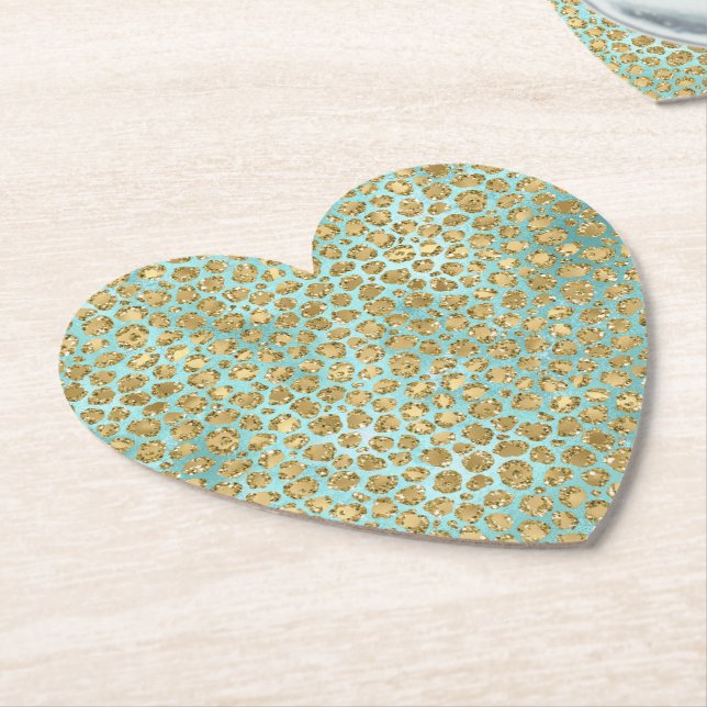 Aqua Mint Gold Glitz Glitter Leopard      Paper Coaster (Angled)