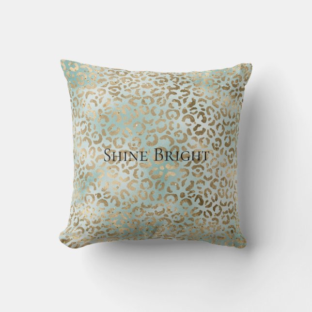 Aqua Mint Gold Glitz Sparkle Leopard Print   Throw Pillow (Front)