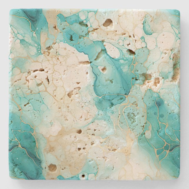 Aqua Mint Gold White Marble Stone Coaster (Front)