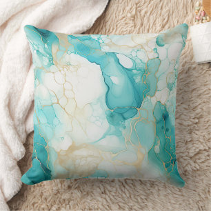 Aqua Mint Gold White Marble Throw Pillow