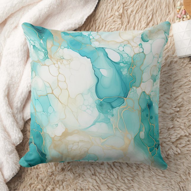 Aqua Mint Gold White Marble Throw Pillow (Blanket)