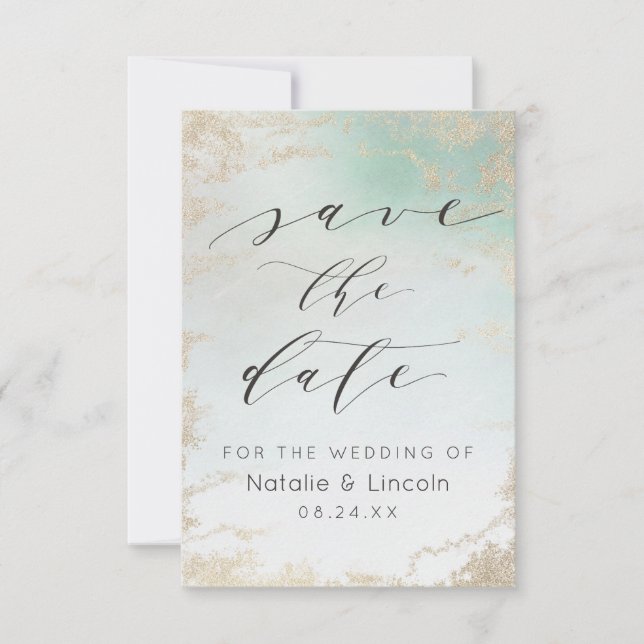 Aqua Mint Green Frosted Gold Glitter Chic Wedding Save The Date (Front)