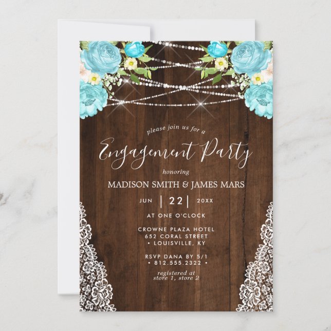 Aqua Mint Rustic String Lights Floral Engagement Invitation (Front)