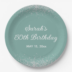 Aqua Mint Silver Diamond Glitter 50th Birthday Paper Plate