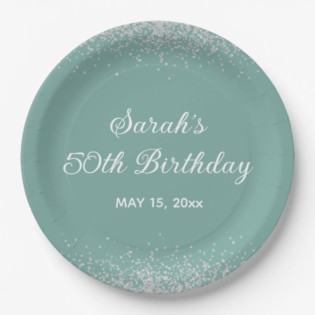 Aqua Mint Silver Diamond Glitter 50th Birthday Paper Plate (Front)