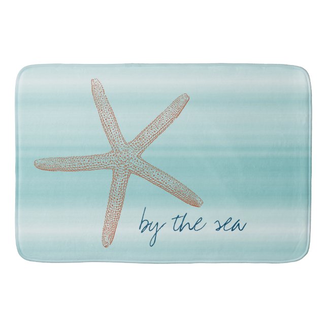 Aqua Mint White Beach Vibes Starfish       Bath Mat (Front)