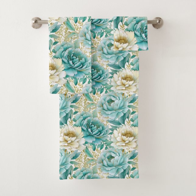 Aqua Mint White Floral Bath Towel Set (Insitu)