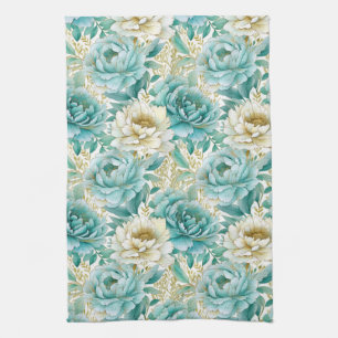 Aqua Mint White Floral Kitchen Towel