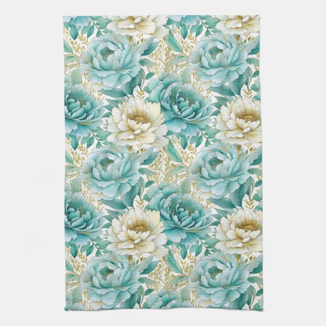 Aqua Mint White Floral Kitchen Towel (Vertical)