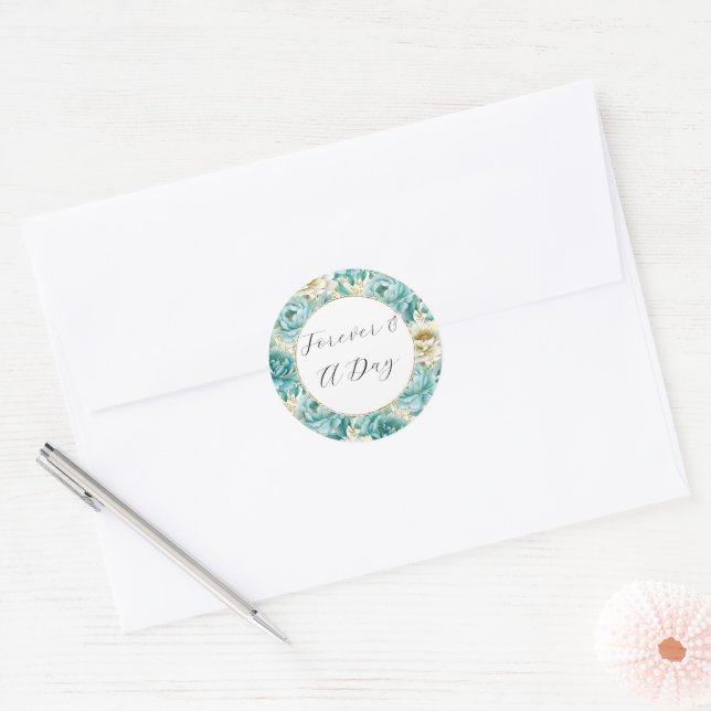Aqua Mint White Floral Wedding Classic Round Sticker (Envelope)