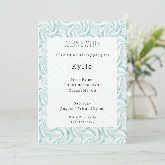 Aqua Mint White Swirls Birthday Invitation (Standing Front)