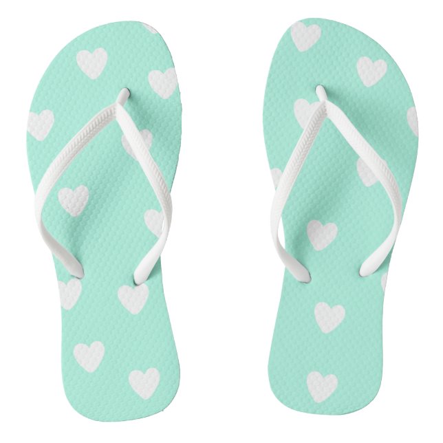 Aqua Mint with Cute White Hearts Pattern Flip Flops (Footbed)