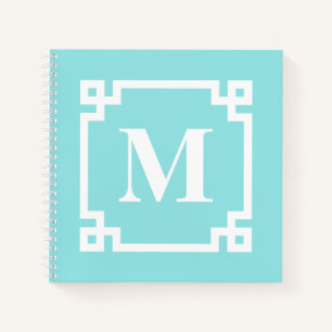 Aqua Modern Greek Key Border Monogram Notebook