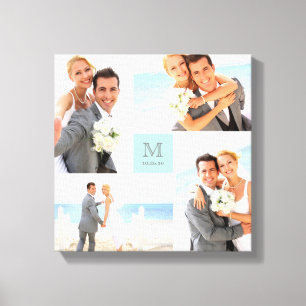 Aqua Modern Grid Monogram Wedding 4 Photo Collage Canvas Print