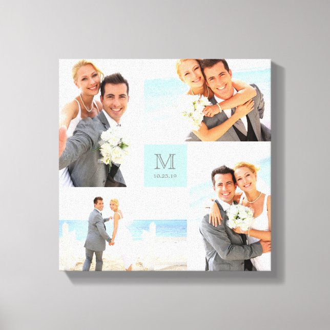 Aqua Modern Grid Monogram Wedding 4 Photo Collage Canvas Print (Front)