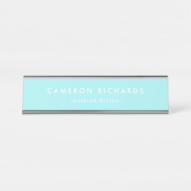 Aqua Modern Minimalist Typography Personalized Desk Name Plate (Front)