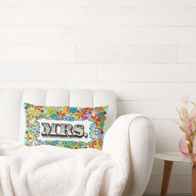Aqua Modern Mrs Bride Floral Pattern Pillow (Couch)