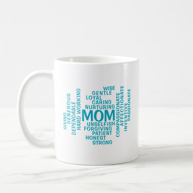 Aqua Mom Typography Word Cloud Coffee Mug (Left)