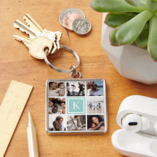 Aqua Monogram 8 Photo Collage Keychain