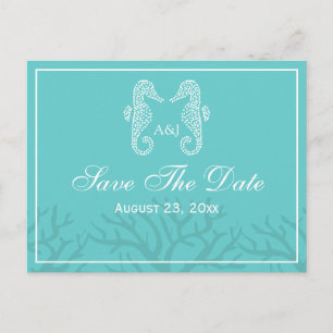 Aqua Monogram Seahorse Save The Date Postcards