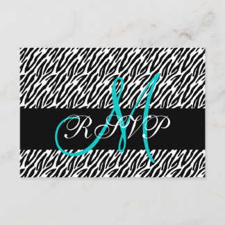 Aqua Monogram Zebra Print Wedding RSVP Card