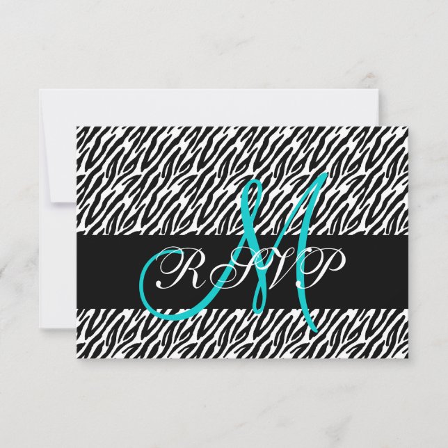 Aqua Monogram Zebra Print Wedding RSVP Card (Front)