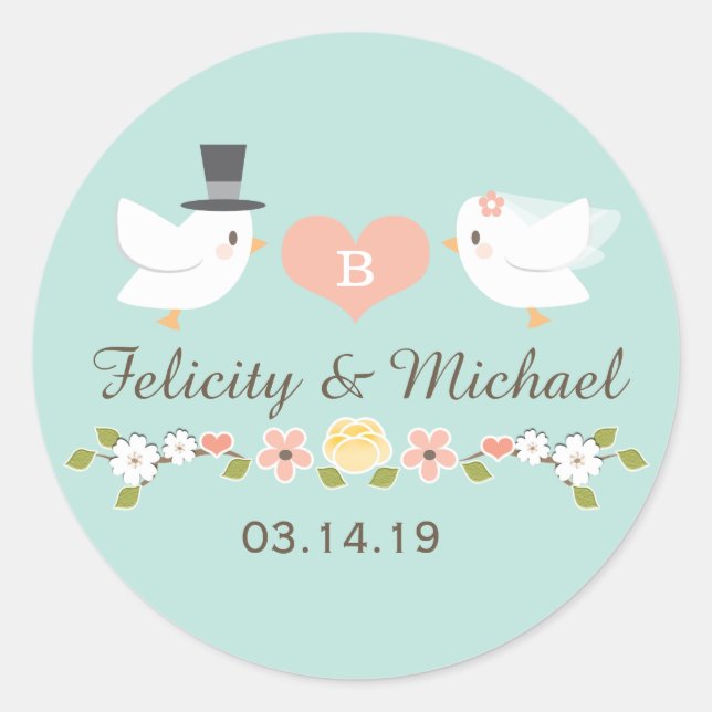 AQUA MONOGRAMMED DOVE LOVE BIRDS WEDDING CLASSIC ROUND STICKER (Front)