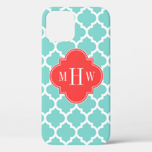 Aqua Moroccan #5 Coral Red 3 Initial Monogram iPhone 12 Pro Case