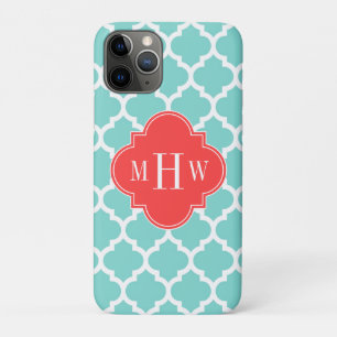 Aqua Moroccan #5 Coral Red 3 Initial Monogram iPhone 11 Pro Case