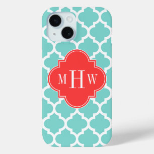 Aqua Moroccan #5 Coral Red 3 Initial Monogram iPhone 15 Case