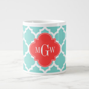 Aqua Moroccan #5 Coral Red 3 Initial Monogram Large Coffee Mug