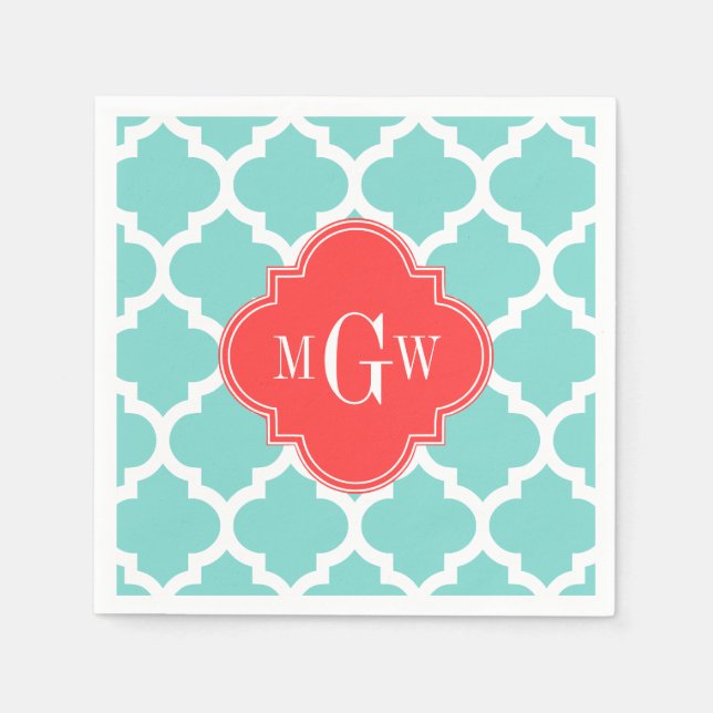 Aqua Moroccan #5 Coral Red 3 Initial Monogram Napkin (Front)