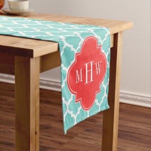 Aqua Moroccan #5 Coral Red 3 Initial Monogram Short Table Runner
