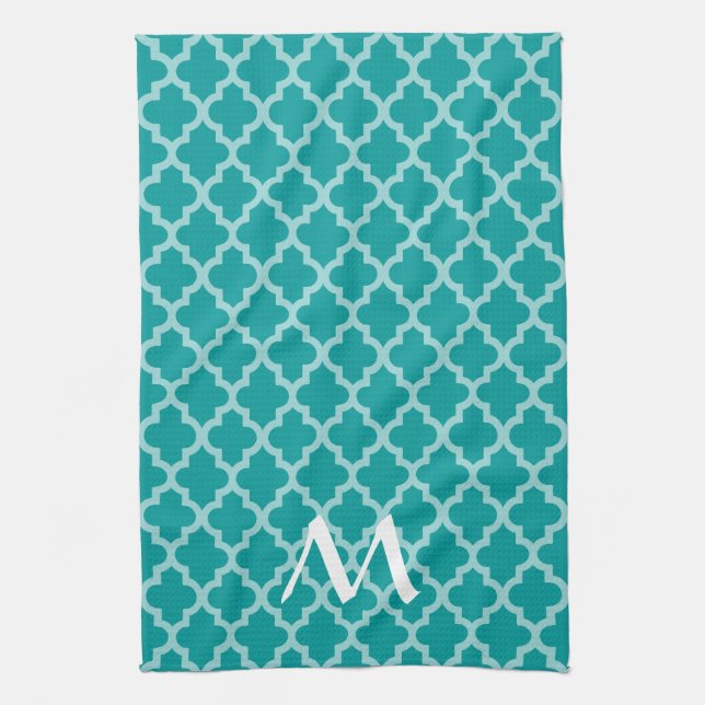 Aqua Moroccan Moods Quatrefoil with Initial Kitchen Towel (Vertical)
