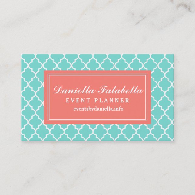 Aqua Moroccan Tiles Lattice Personalized Business Card (Front)