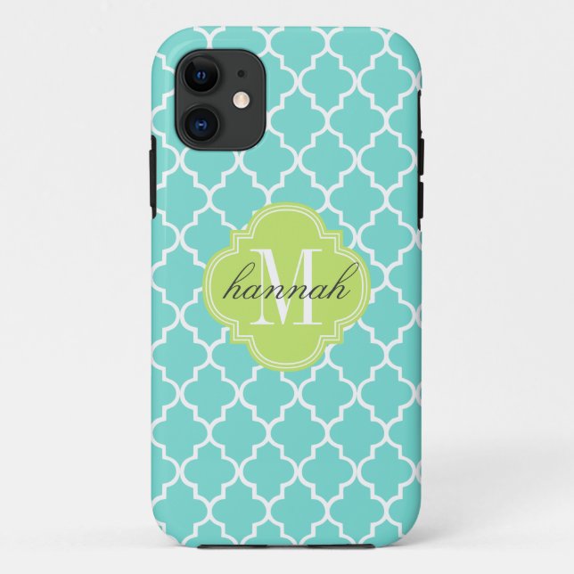 Aqua Moroccan Tiles Lattice Personalized Case-Mate iPhone Case (Back)