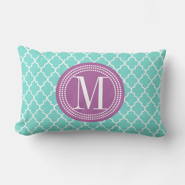 Aqua Moroccan Tiles Lattice Personalized Lumbar Pillow (Front)