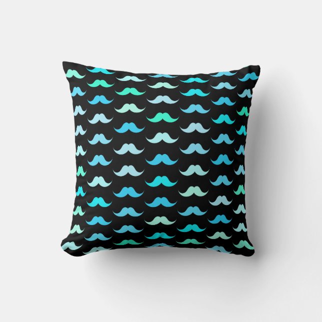 Aqua Moustaches Black Throw Pillow (Front)