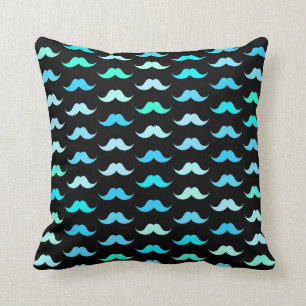 Aqua Moustaches Black Throw Pillow