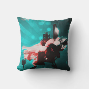 Aqua N Pink Sunflower N Bee Retro Outdoor Pillow