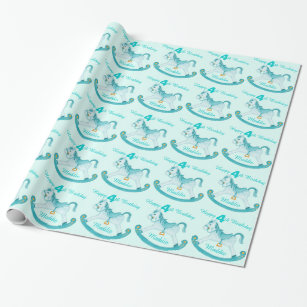 Aqua named rocking horse 4th birthday pattern wrap wrapping paper